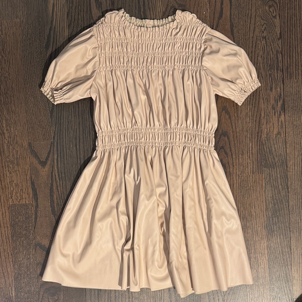 NWOT Girls Zara Beige Faux Leather Smocked Short Sleeve Dress, Size 8